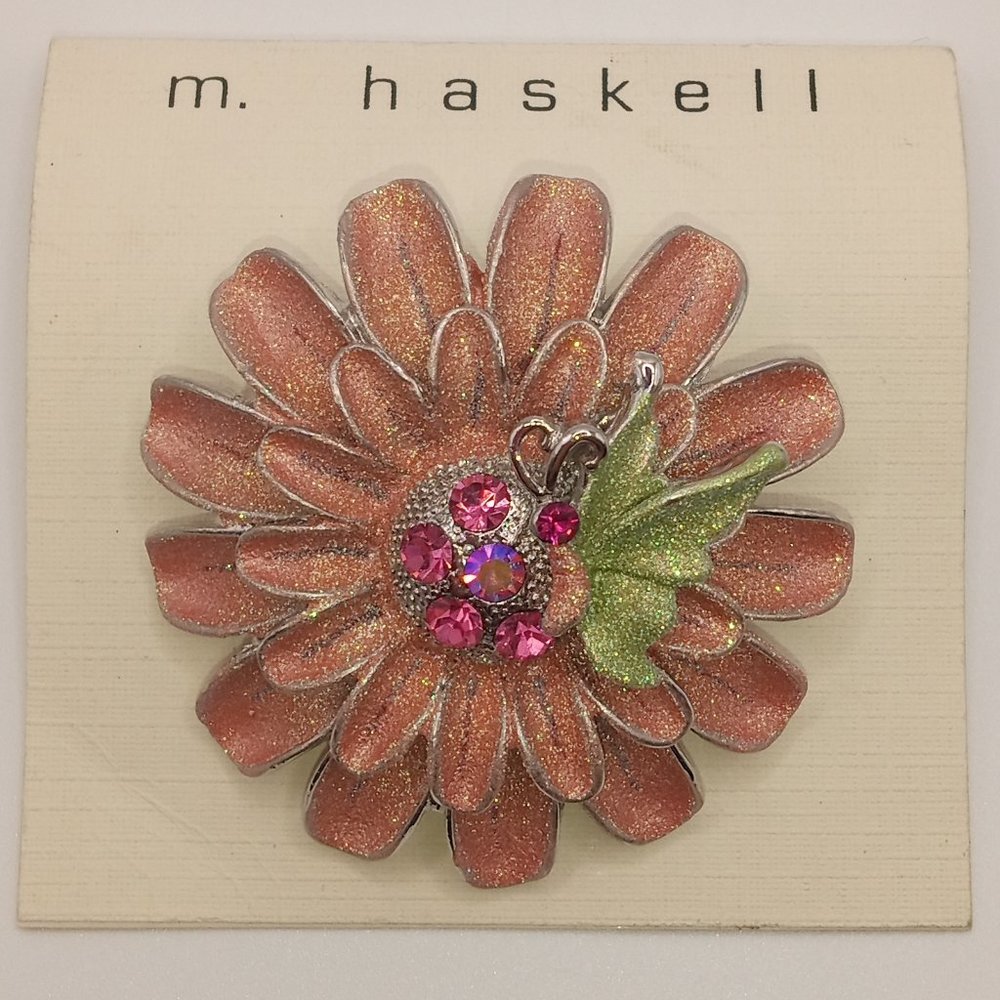 Miriam Haskell  Pink Glitter Rhinestone Flower and Butterfly Brooch New on Card